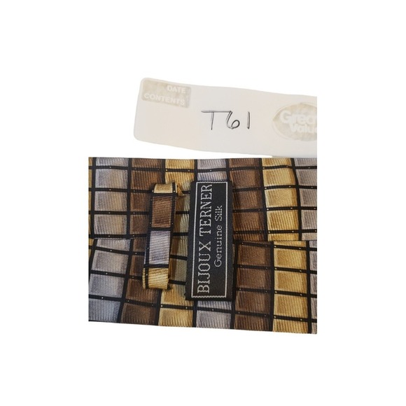 Bijoux Terner Mens Handmade Silk Neck Tie Brown Gold Silver Geometric Work Daily - Picture 12 of 12